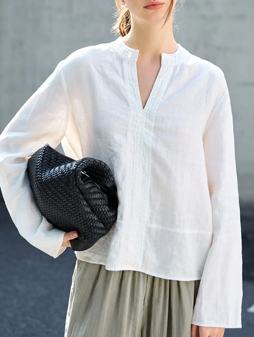 Pure Linen V Neck Long Sleeve Work Tee