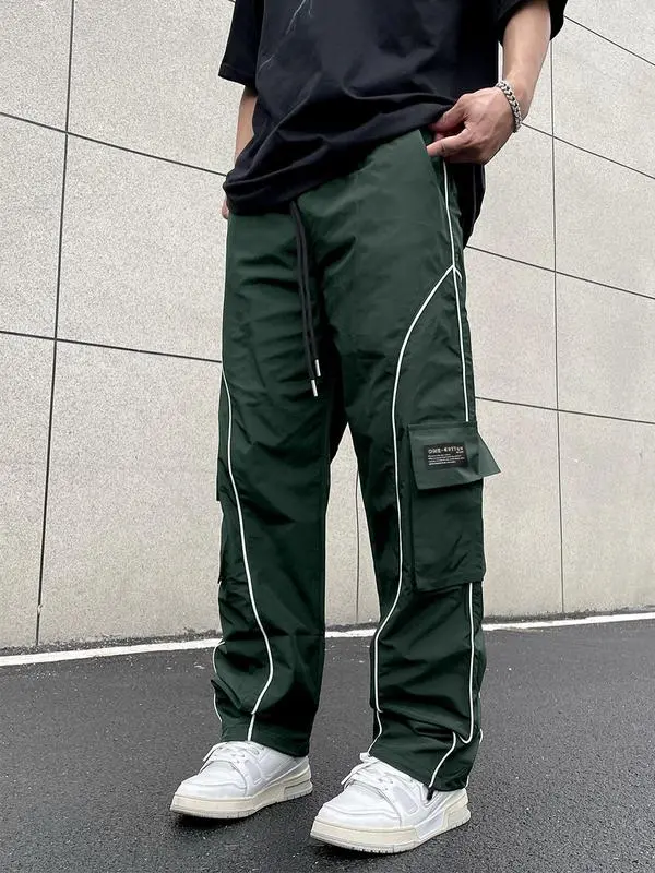 Men’s Loose Fit Cargo Pants with Letter Patch & Contrast Binding – Casual Drawstring Trousers for Spring, Fall & Winter