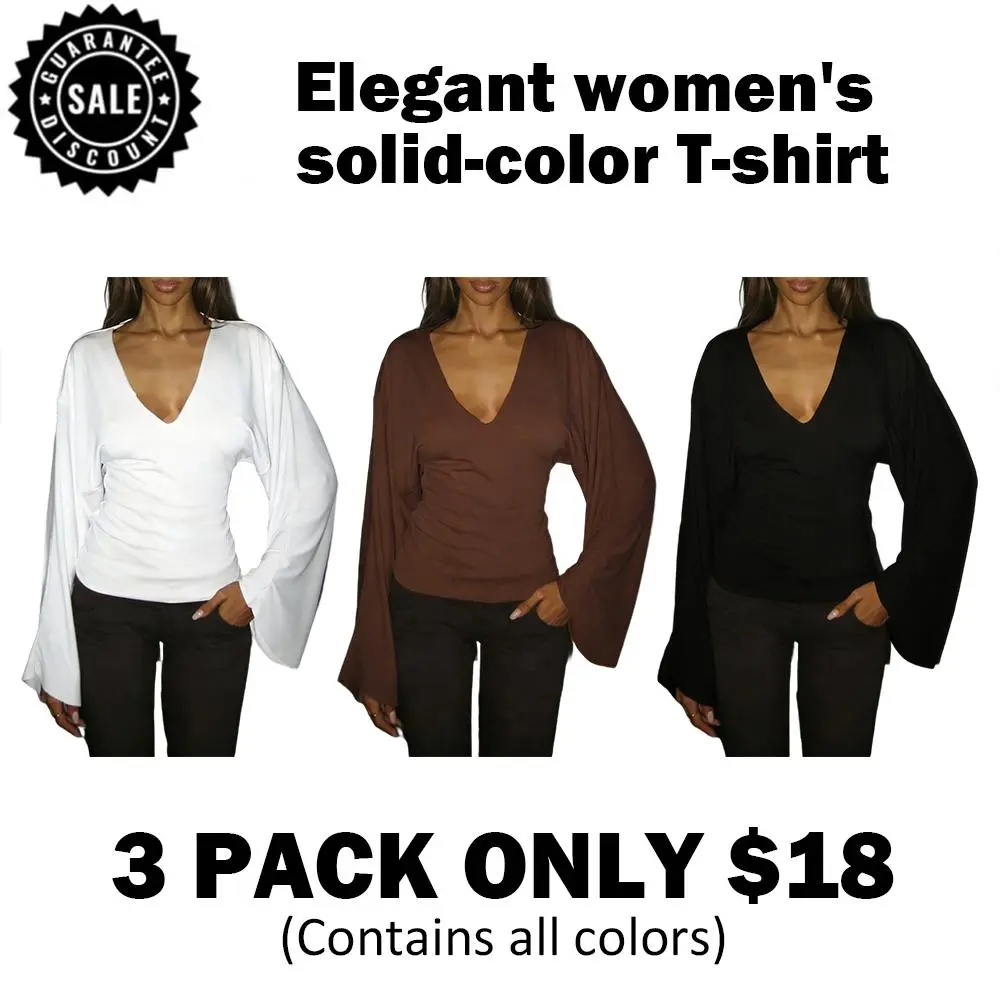 Elegant women's solid-color long-sleeved T-shirt, featuring a sexy deep V-neck and a slim-fit design
