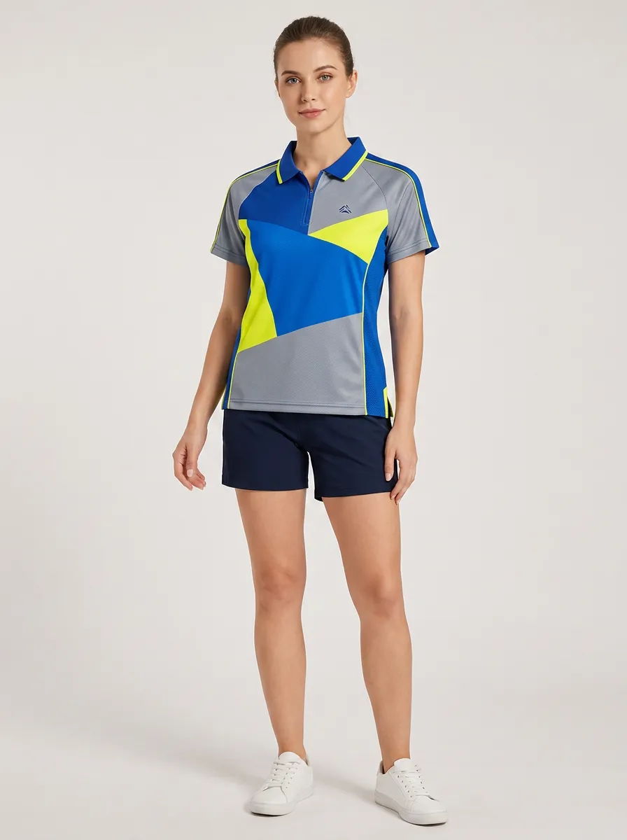 Women's Blue and Grey Color-Block Short Sleeve Polo Shirt