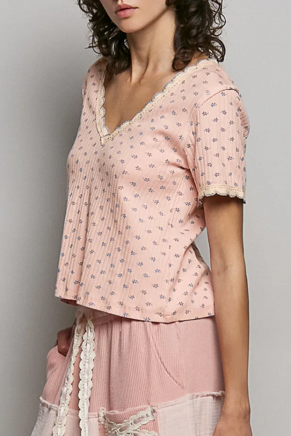 V-Neck Short-Sleeve Ribbed Floral T-Shirt