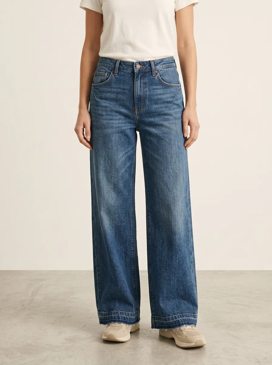 Women's Mid-Rise Raw-Hem Wide-Leg Denim Jeans