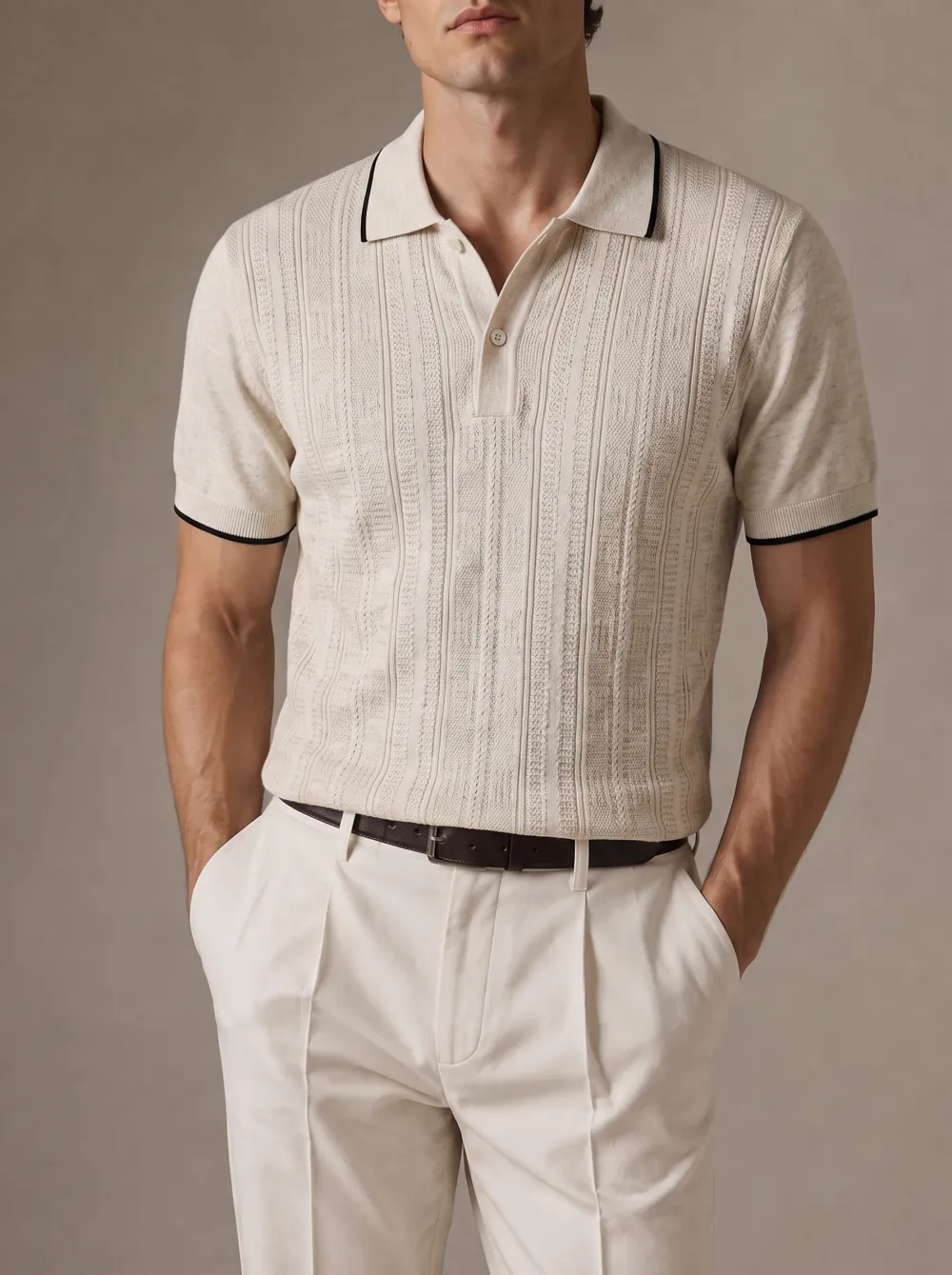 Men's Vintage Knit Vertical Striped Contrast Trim Polo Shirt