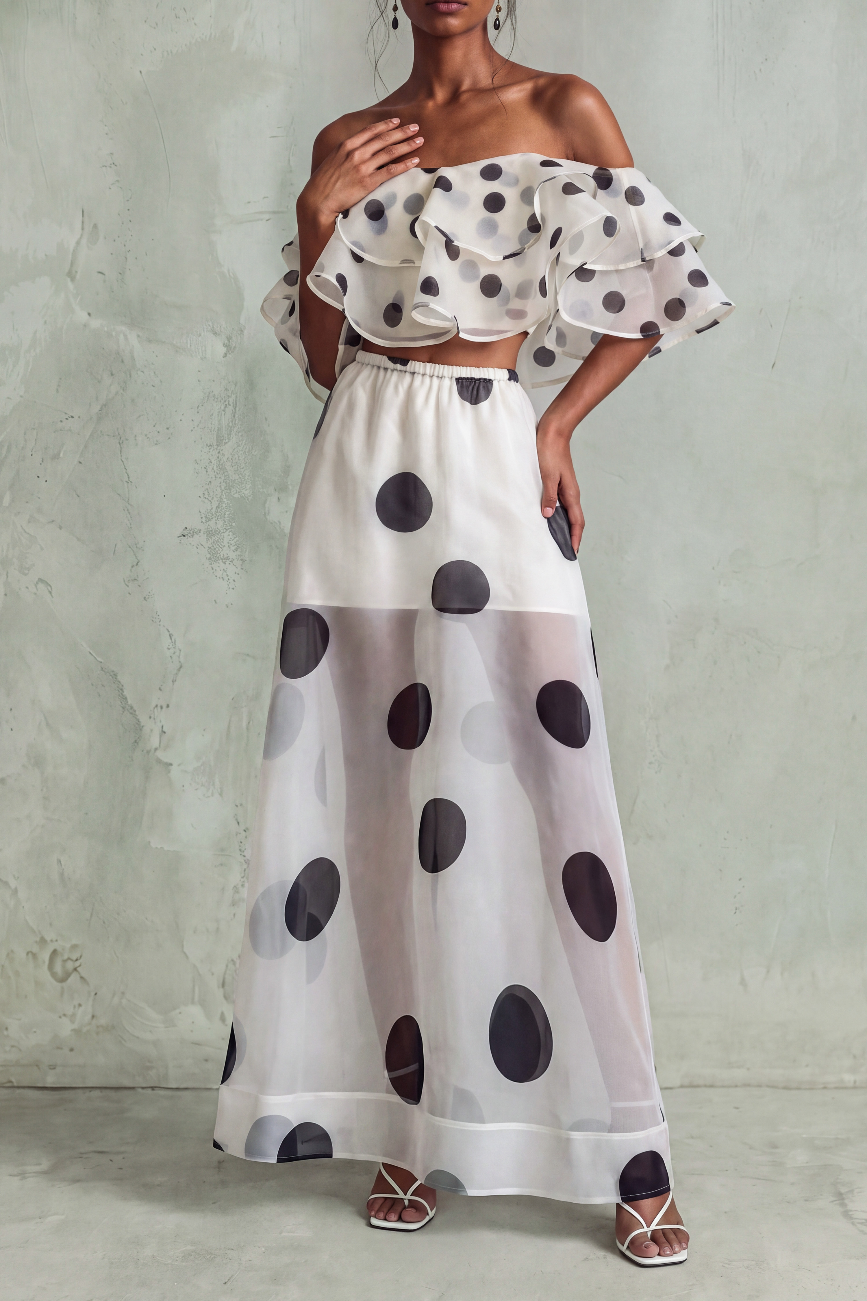 Off Shoulder Polka Dot Matching Skirt Set