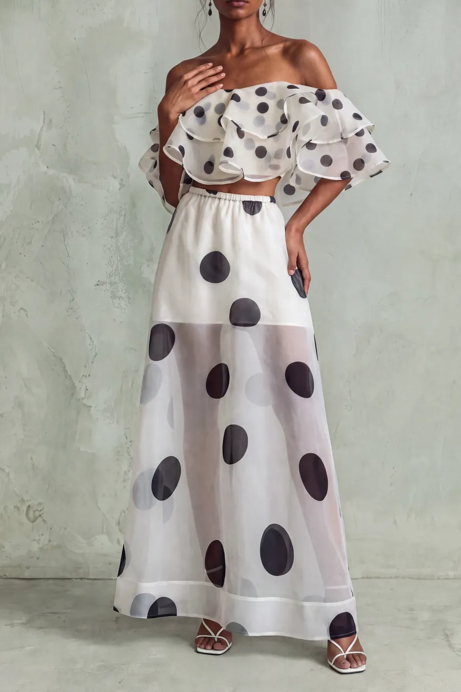 Off Shoulder Polka Dot Matching Skirt Set
