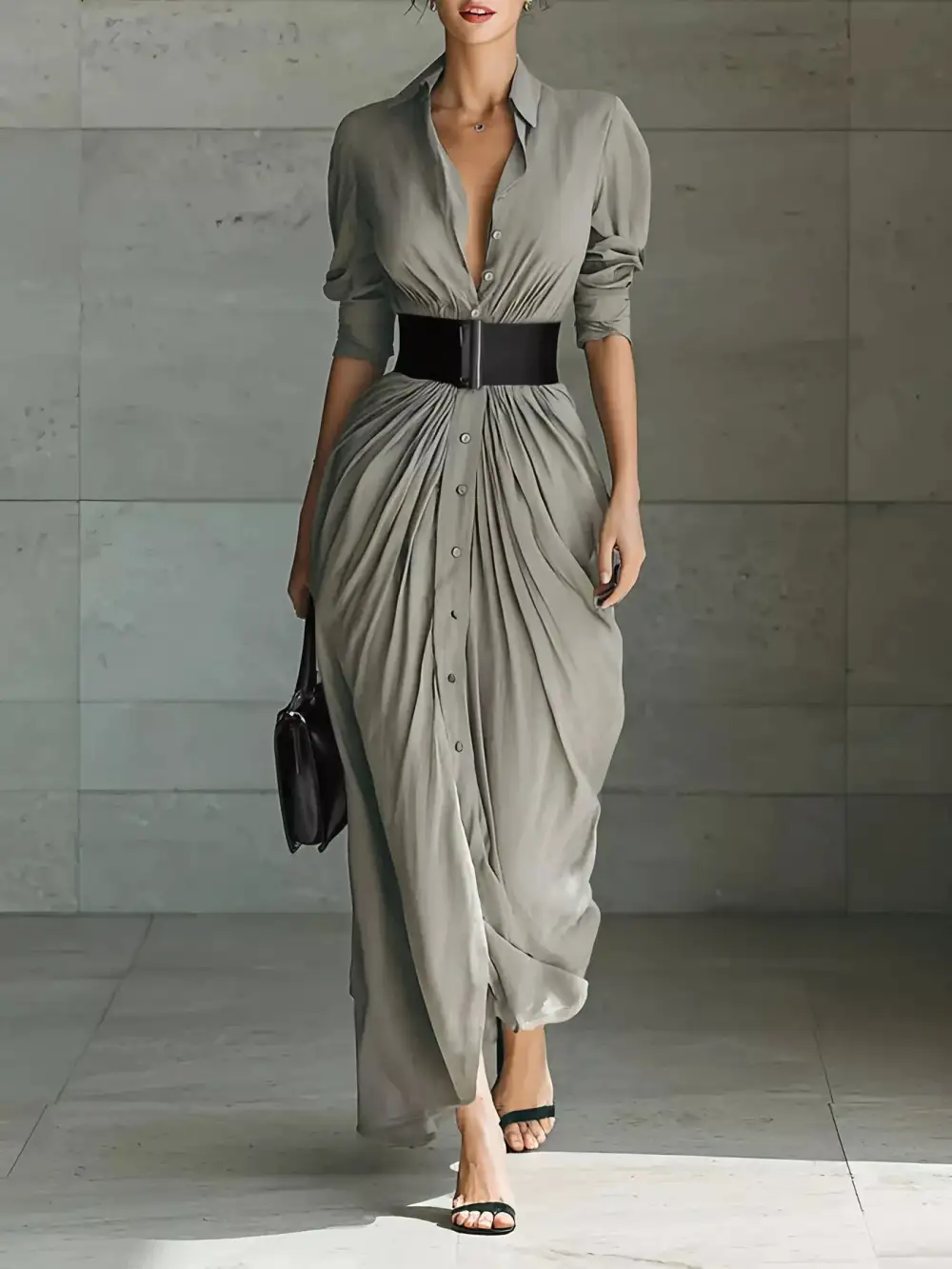 Button Front Ruched Maxi Dress