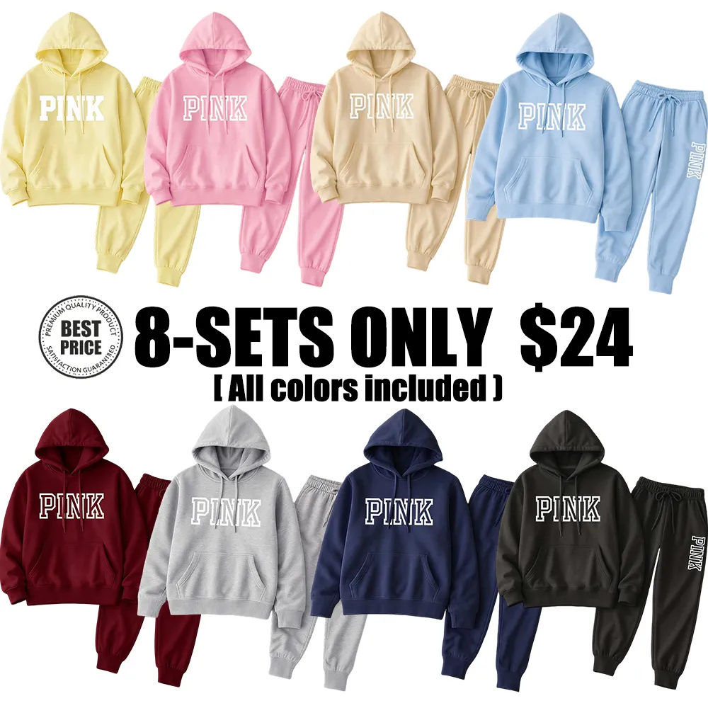 Women's Pink Print Hoodie And Drawstring Track Pants Set