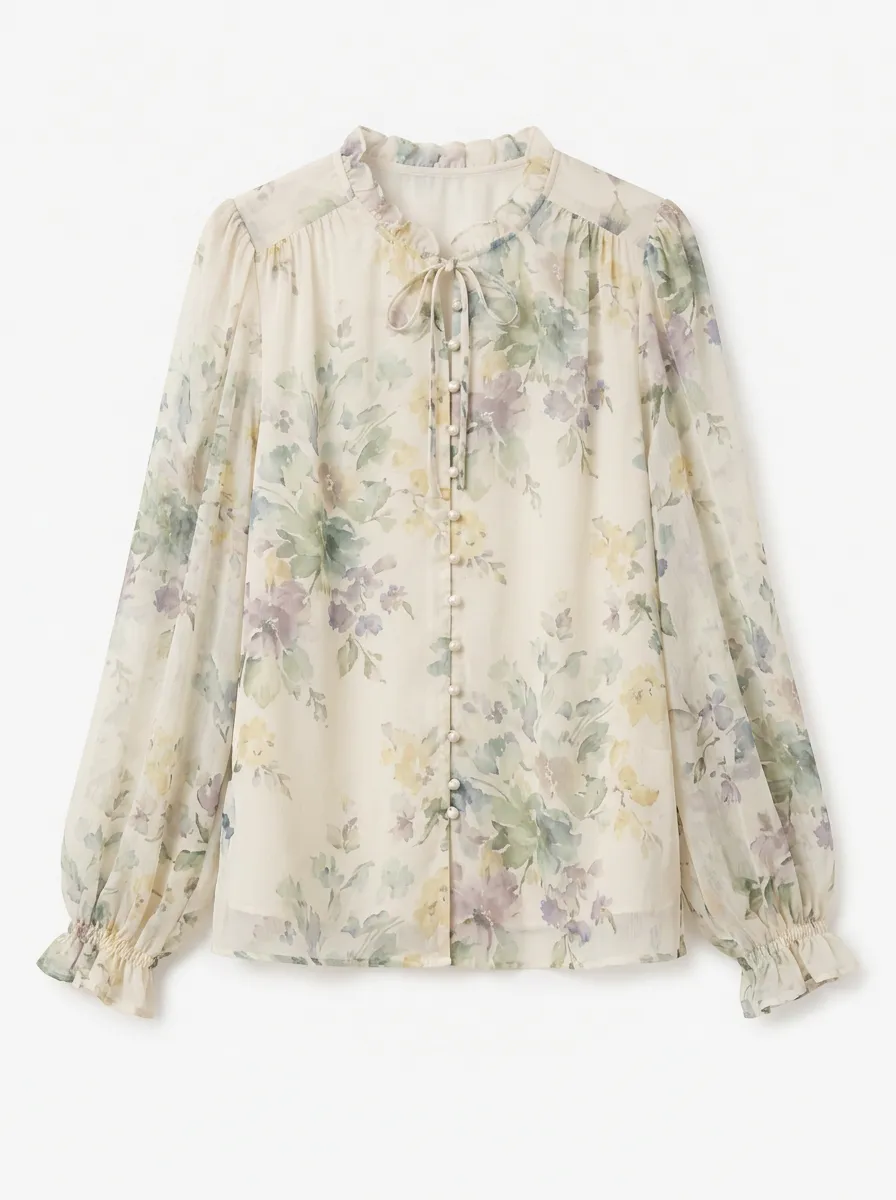 Women's Vintage Floral Ruffle Chiffon Printed Blouse