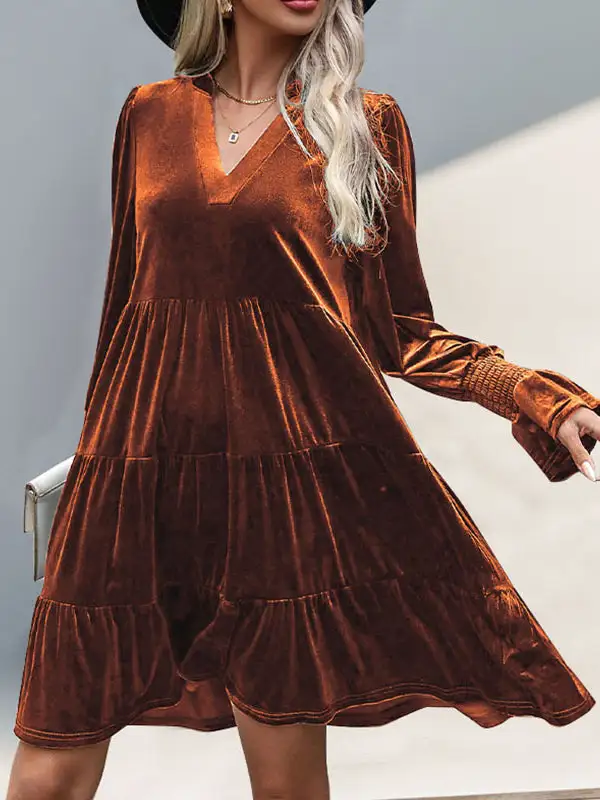 A Line Long Sleeve Pleated Solid Color Velvet V Neck Mini
