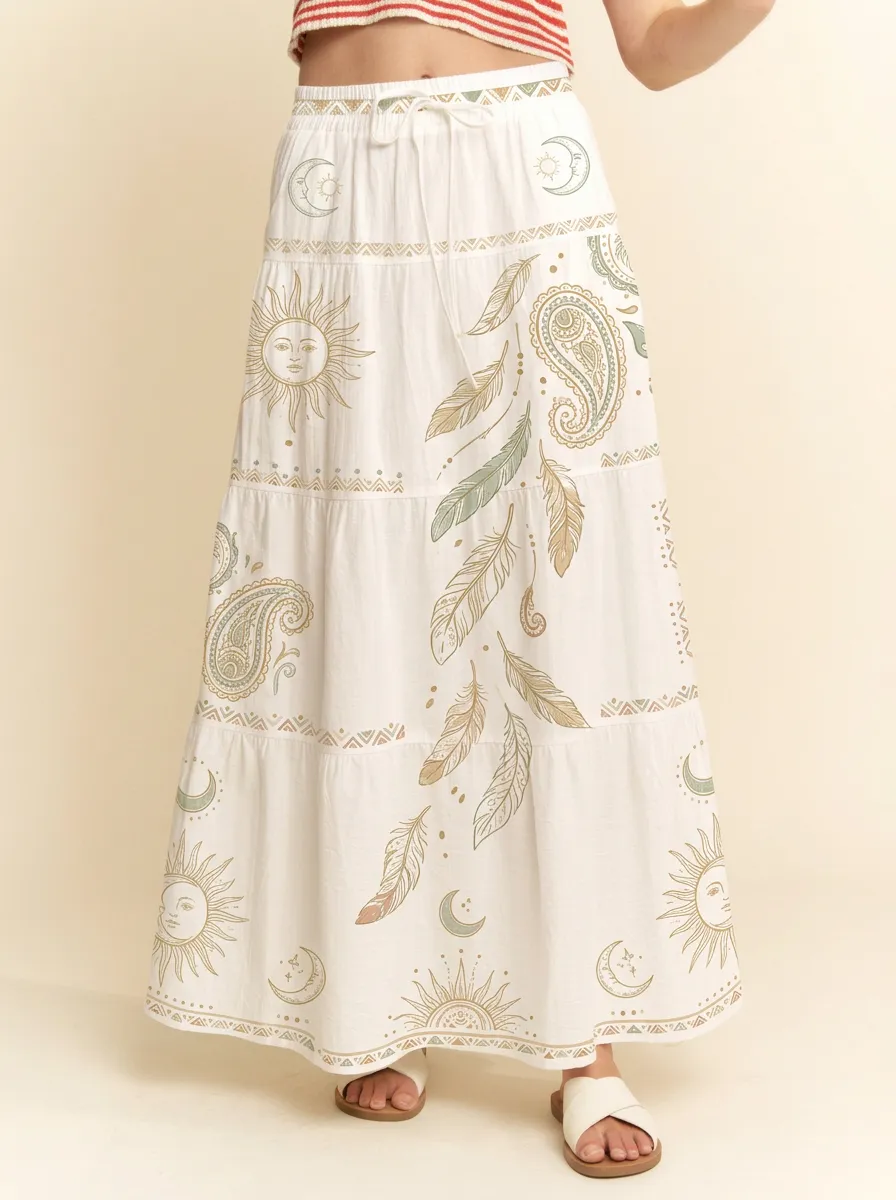 Women's Boho Celestial Sun Moon Feather Paisley Printed Maxi Skirt