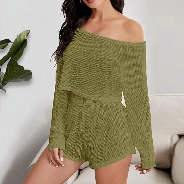 Off the Shoulder Long Sleeve Crop Top and Shorts Pajama Set