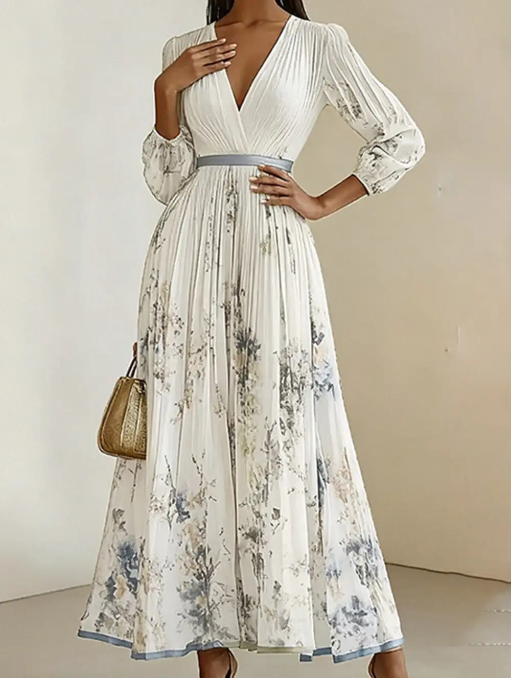 V-Neck Pleated Printed Slim Maxi Dress