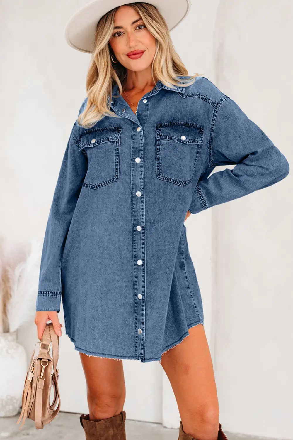 Balanced Detail Denim Pocketed Shirt Dress