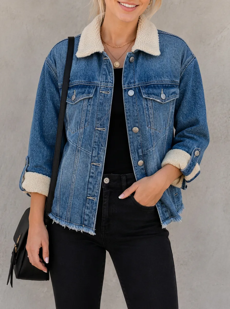 Women's Casual Vintage Frayed Hem Sherpa Lined Denim Jacket
