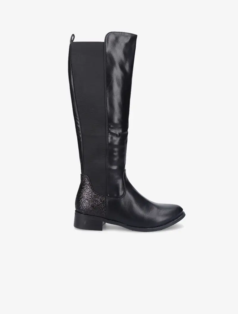 Block Heel Glitter Detail Faux Leather Knee High Boots