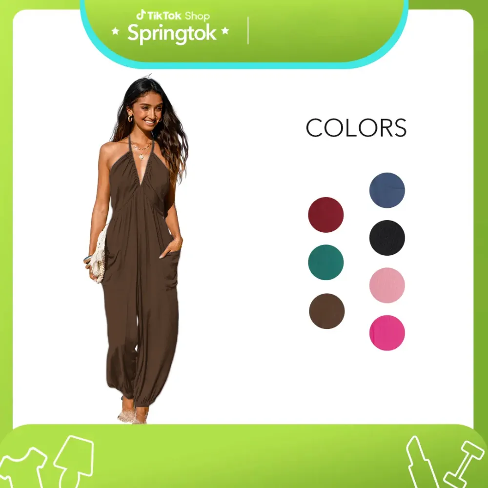 Women'S Basic Plunge Halter Sleeveless Pleated Long Romper Knit Jogger Maxi Jumpsuit With Pockets Spring Summer Womenswear Overalls