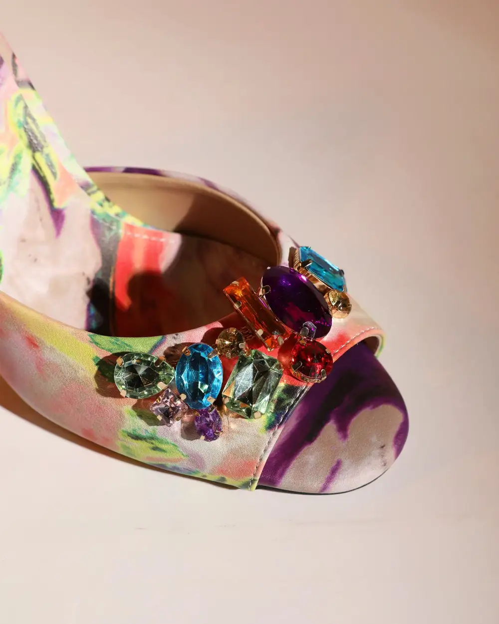Printed Multicolor Diamond Open Toe Mules