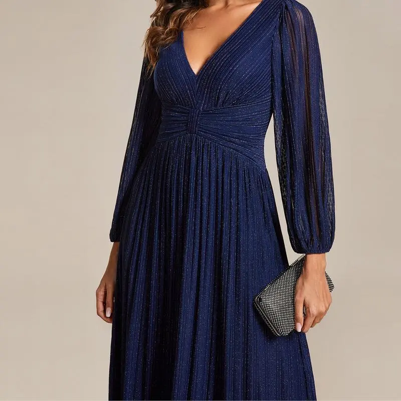 【EVER PRETTY 】curvy dress,Glittery Empire Waist A-Line Dress with Long Lantern Sleeves