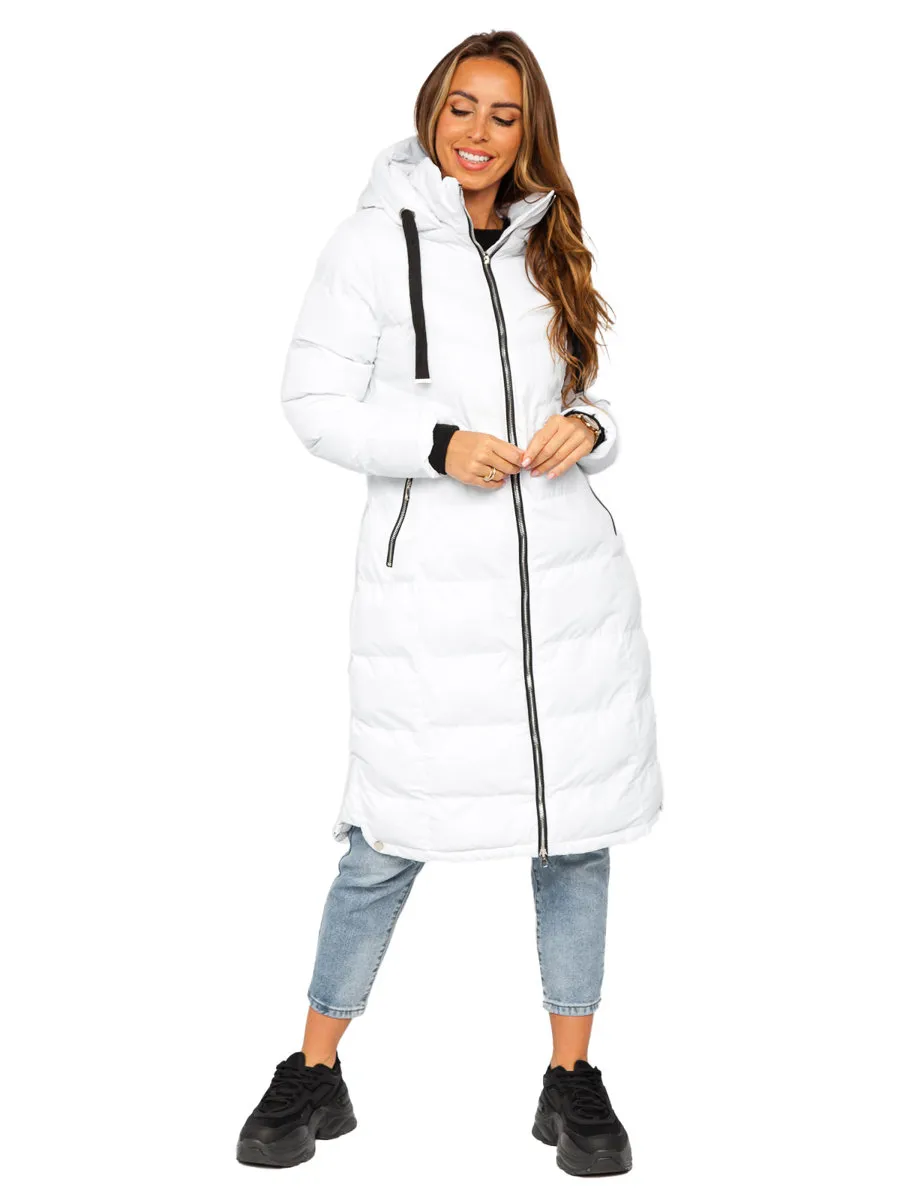 White women's long quilted winter jacket with hood