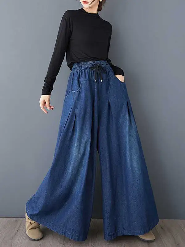 High Waist Relaxed Fit Wide Leg Pleated Drawstring Elastic Waist Pocket Jeans