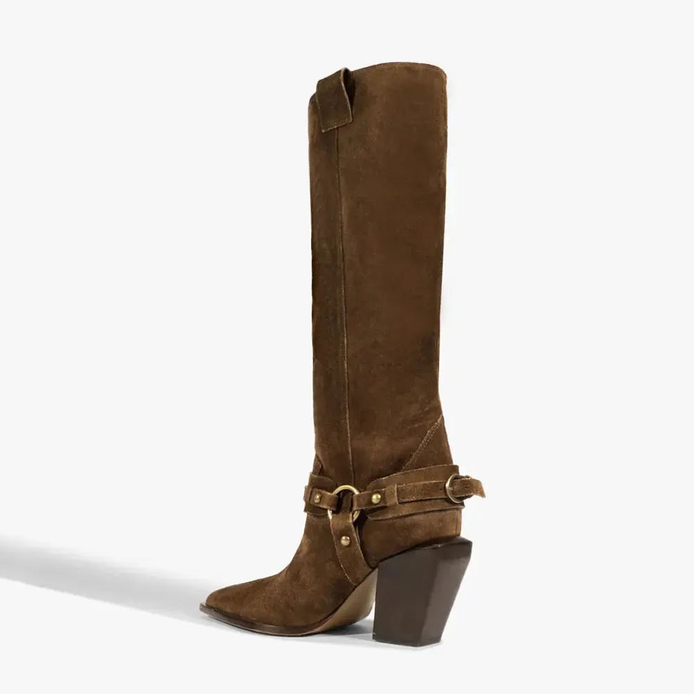Faux-Suede Buckle-Detail Pointed-Toe Block-Heel Knee-Length Western Boots