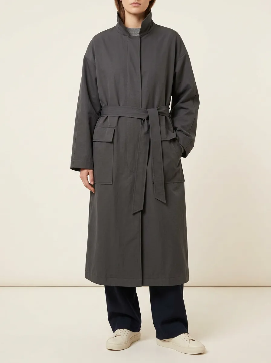 Women's Charcoal Grey Relaxed Long Coat with stand collar