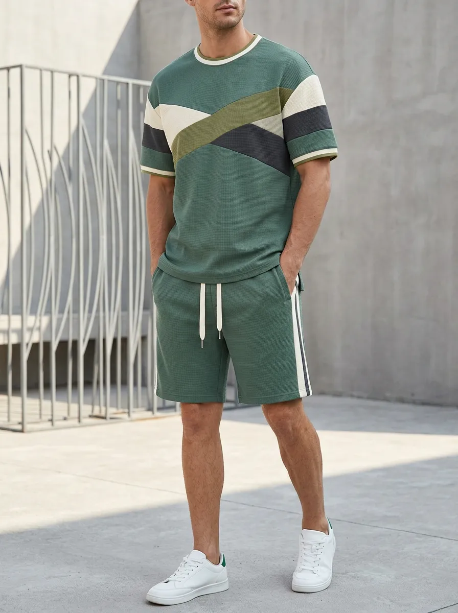 Men's Waffle-Knit Colorblock T-Shirt and Shorts Set
