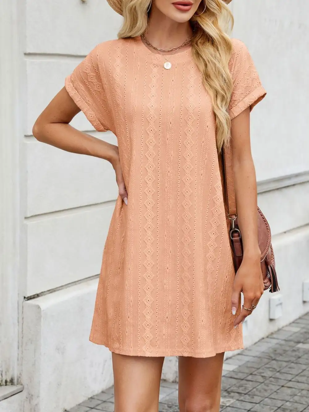 Eyelet Round Neck Mini Dress