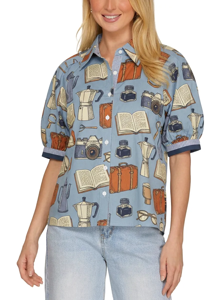 Women's Travel Book Lover Camera Coffee Printed Shirt