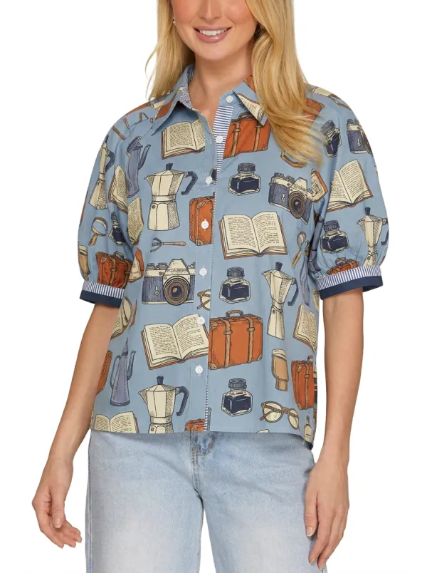 Women's Travel Book Lover Camera Coffee Printed Shirt
