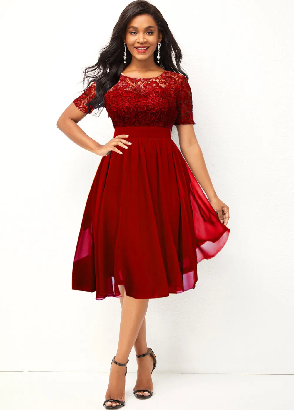 Chiffon Round Neck Lace Patchwork Red Dress