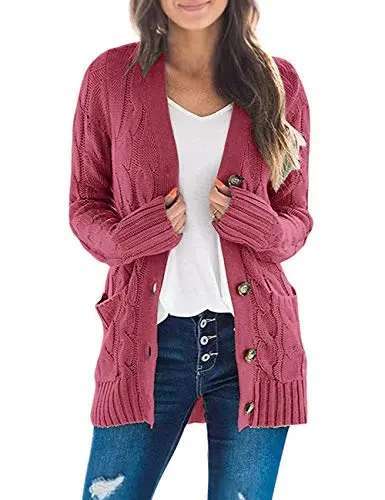 Women's Long Sleeve Cable Knit Sweater Open Front Cardigan Button Loose Outerwear