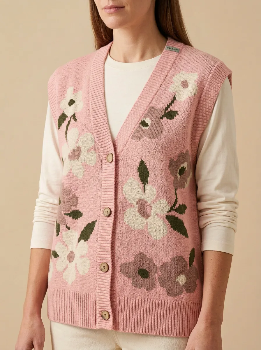 Relaxed Floral Button Sweater Vest
