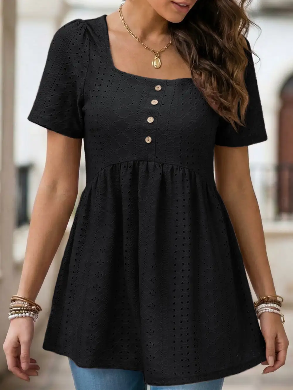 Square Neck Button Loose Tee