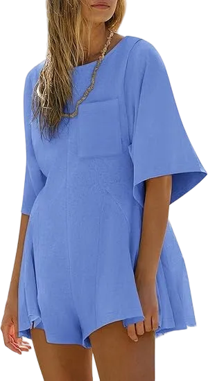 Women’s Summer Slim Fit Romper – Short Sleeve Crew Neck Jumpsuit with Pocket