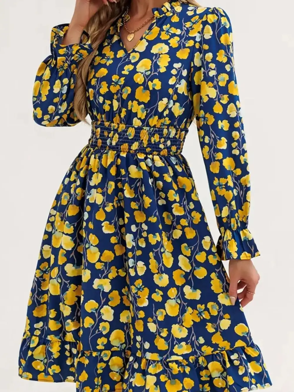 Layered Detail Floral Printed Ruffle Dress