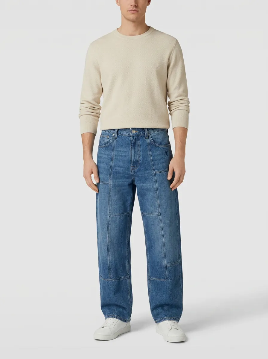 Men's Patchwork Stitch Detail Wide Leg Jeans