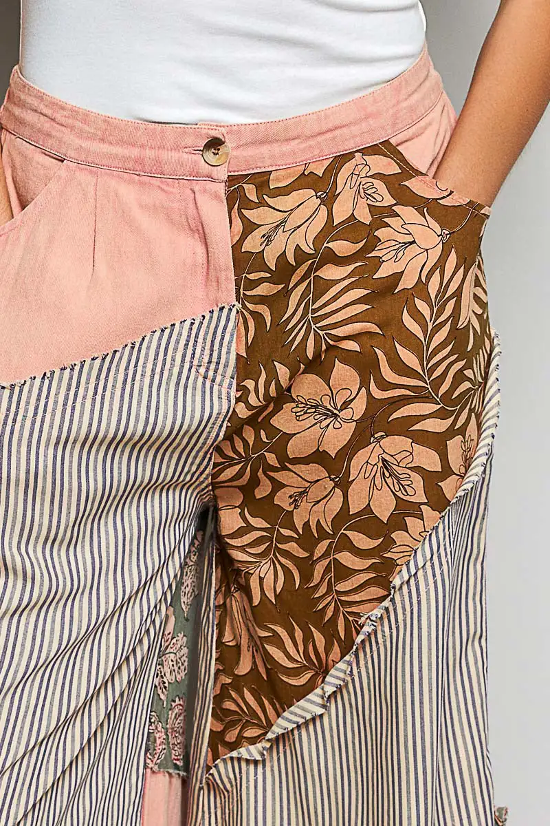 Striped Floral Patchwork Wide Leg Pants With Side Big Star Patch