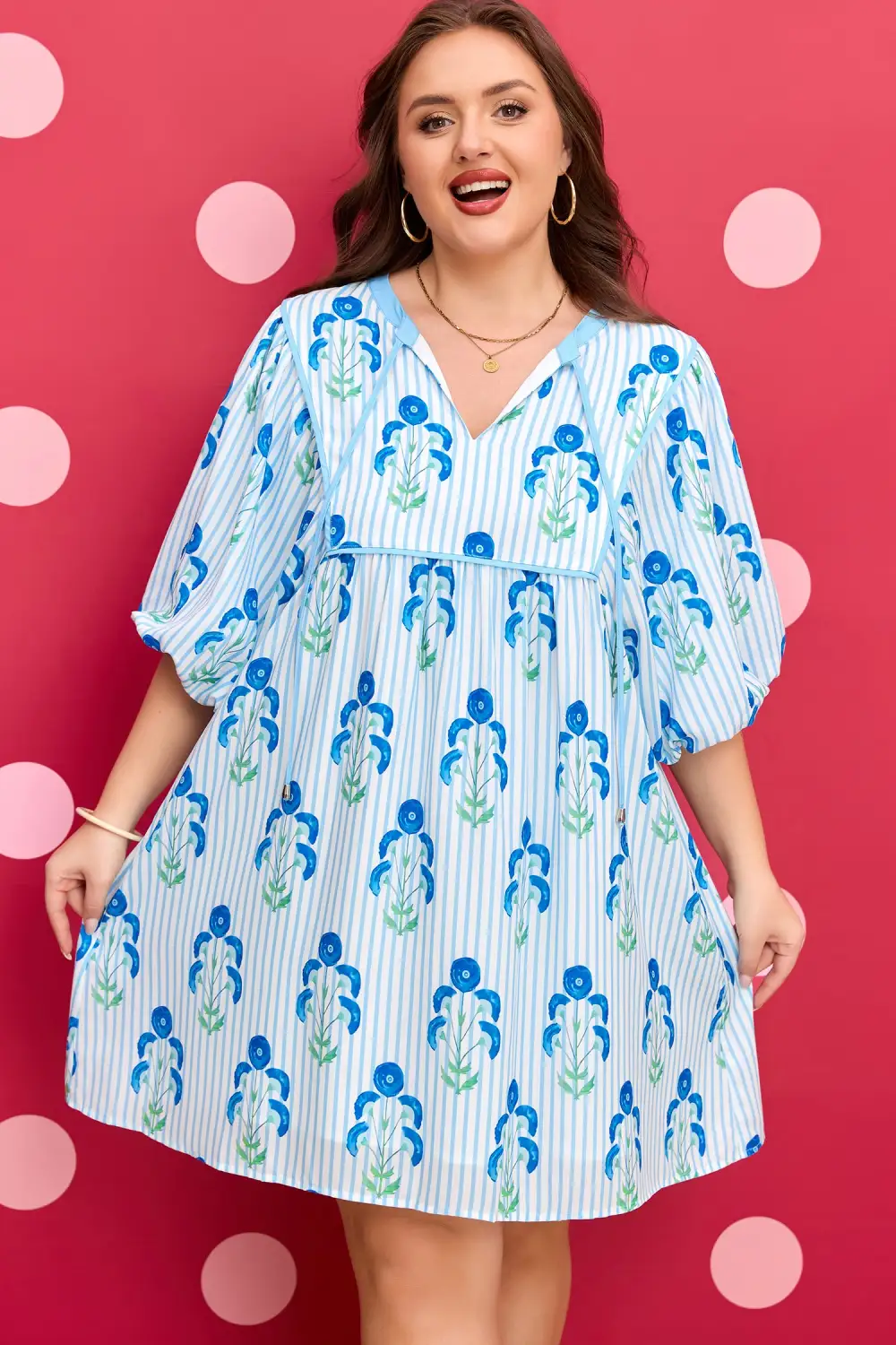 Floral Striped Short Sleeve Dress Casual