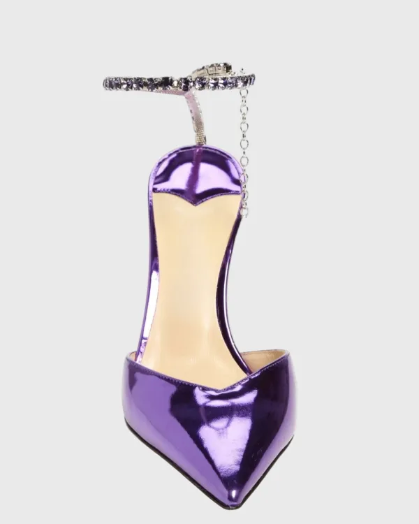 Metallic Rhinestone Strap Pumps in Purple