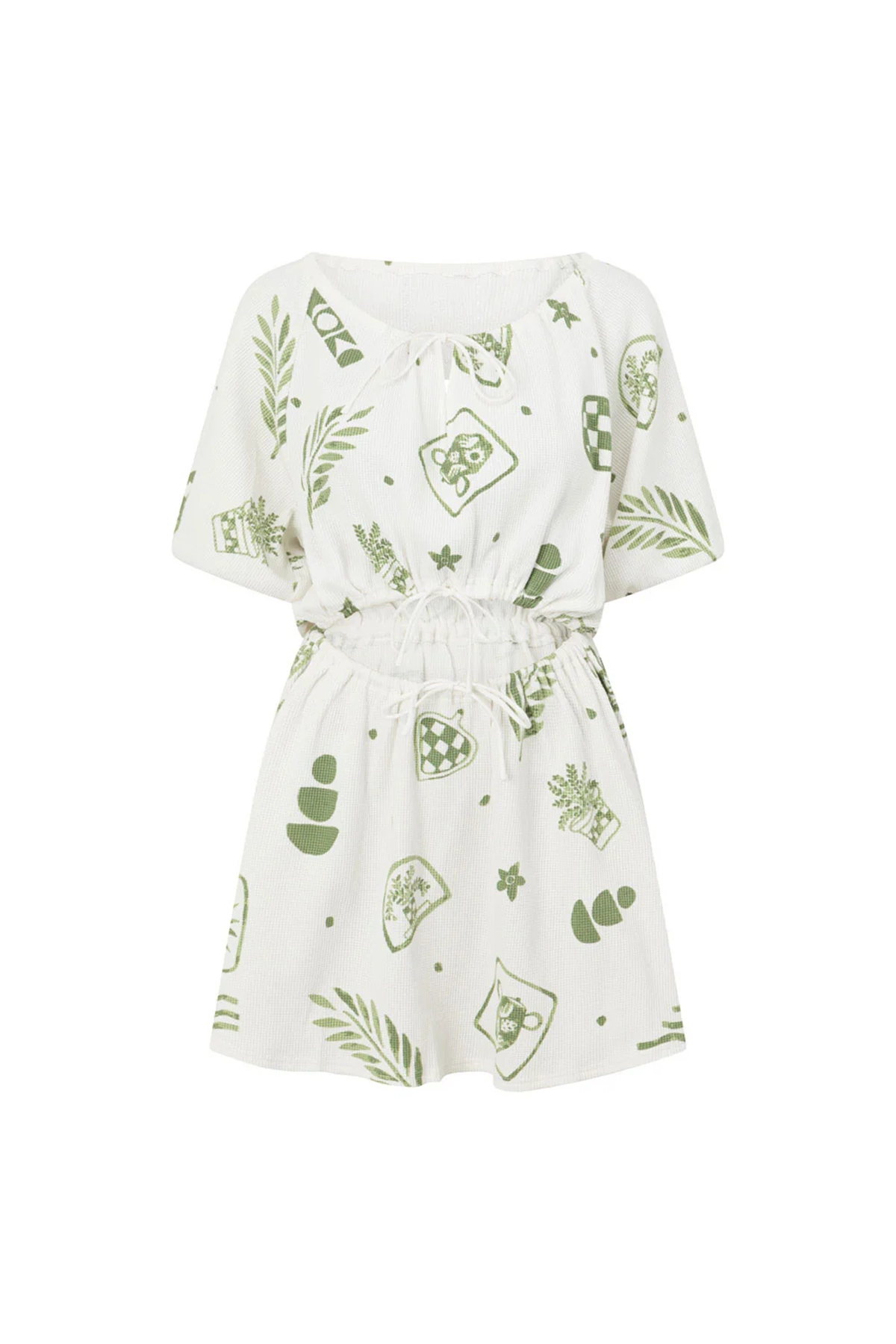 Leaf Print Short Sleeve Tie Waist Mini Dress