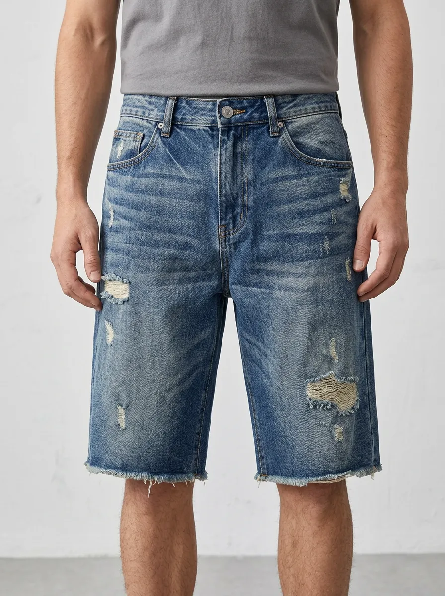 Men's Contemporary Distressed Raw Hem Distressed Denim Shorts