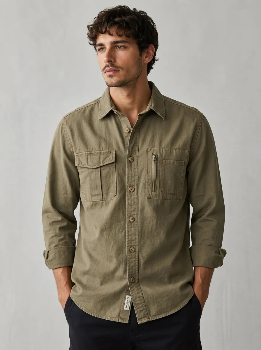 Men's Olive Utility Button-Down Shirt - Design A