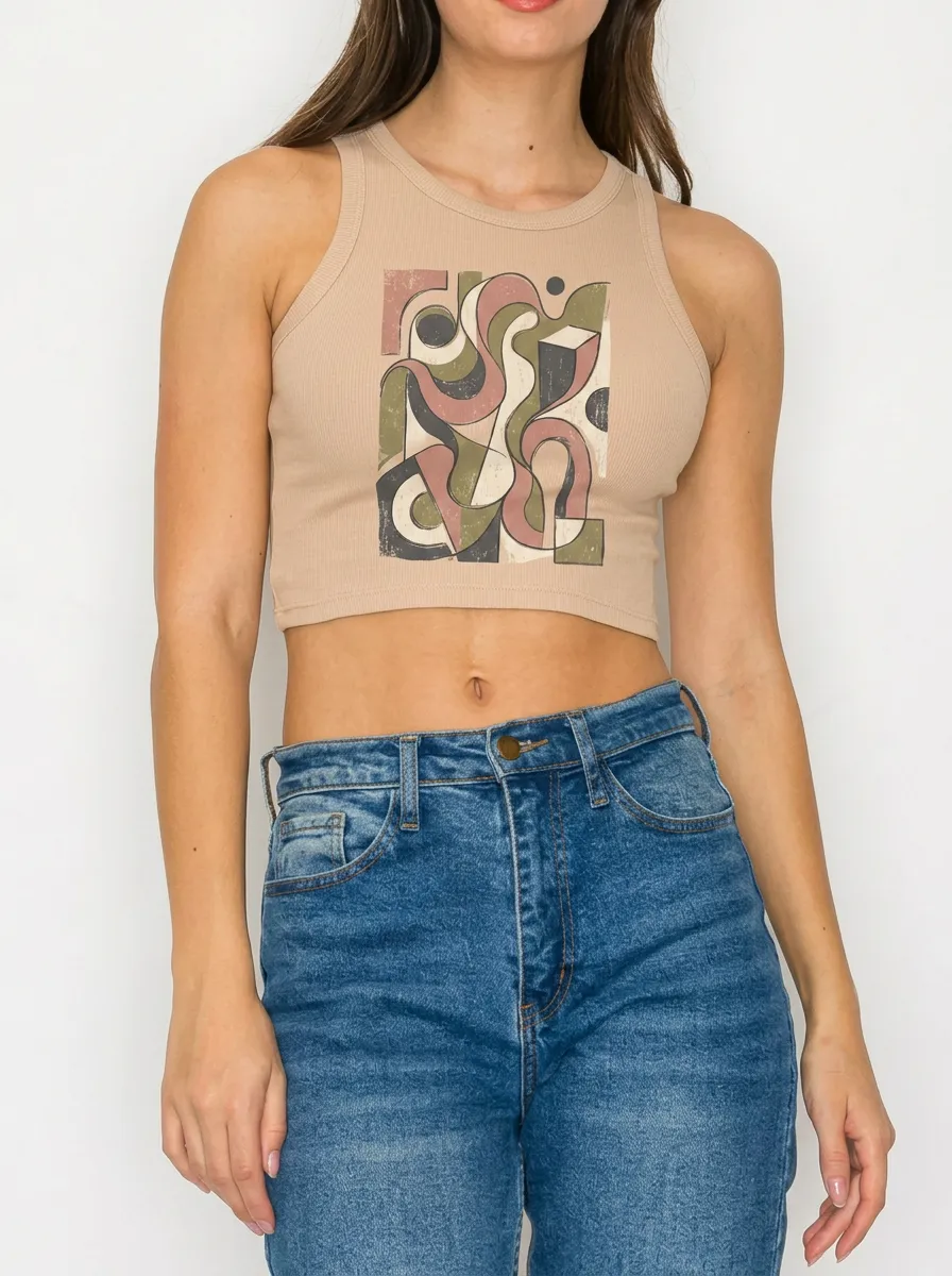 Women's Retro Abstract Geometric Printed Ribbed Crop Tank Top