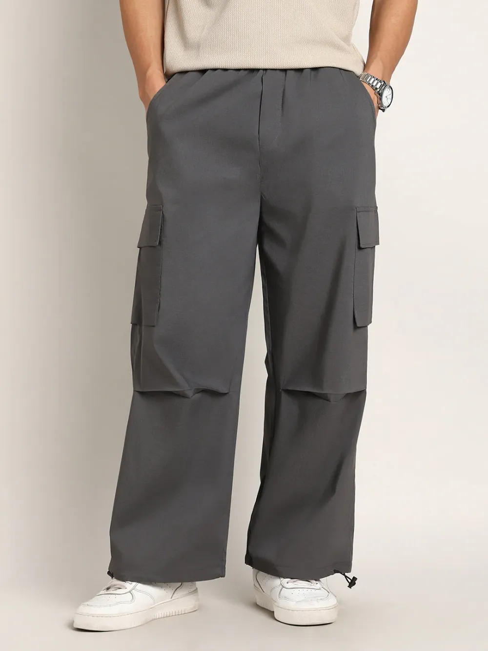 Grey Mid Rise Relaxed Cargo Trousers
