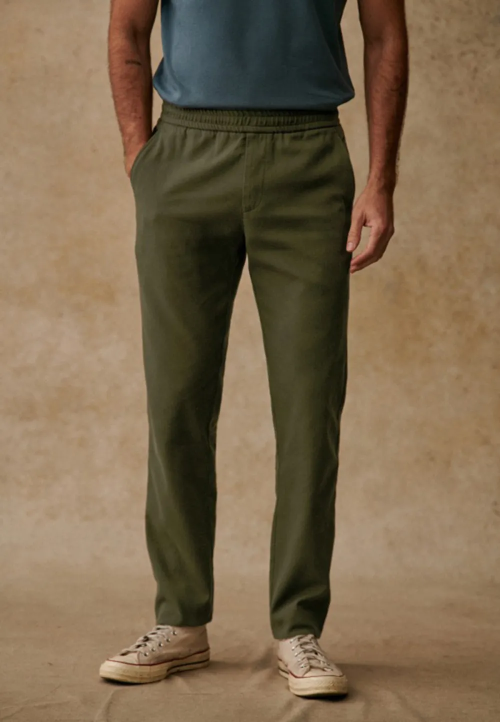 Olive Green Cotton Linen Blend Drawstring Trousers