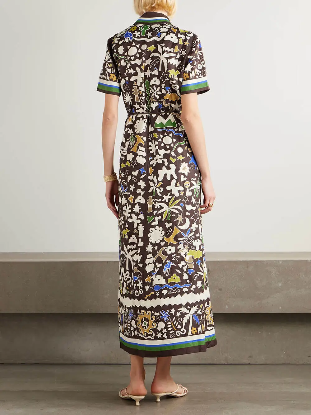 Retro Moroccan Print Belted Linen Midi Dress