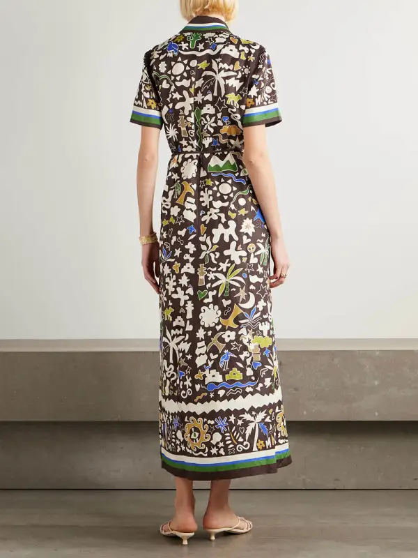Retro Moroccan Print Belted Linen Midi Dress