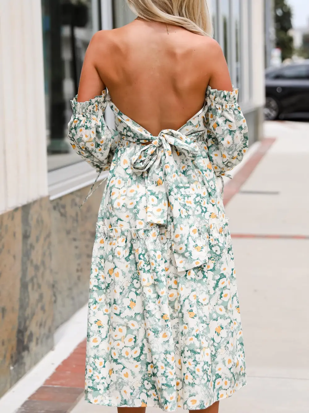 Sage Floral Off-The-Shoulder Midi Dress