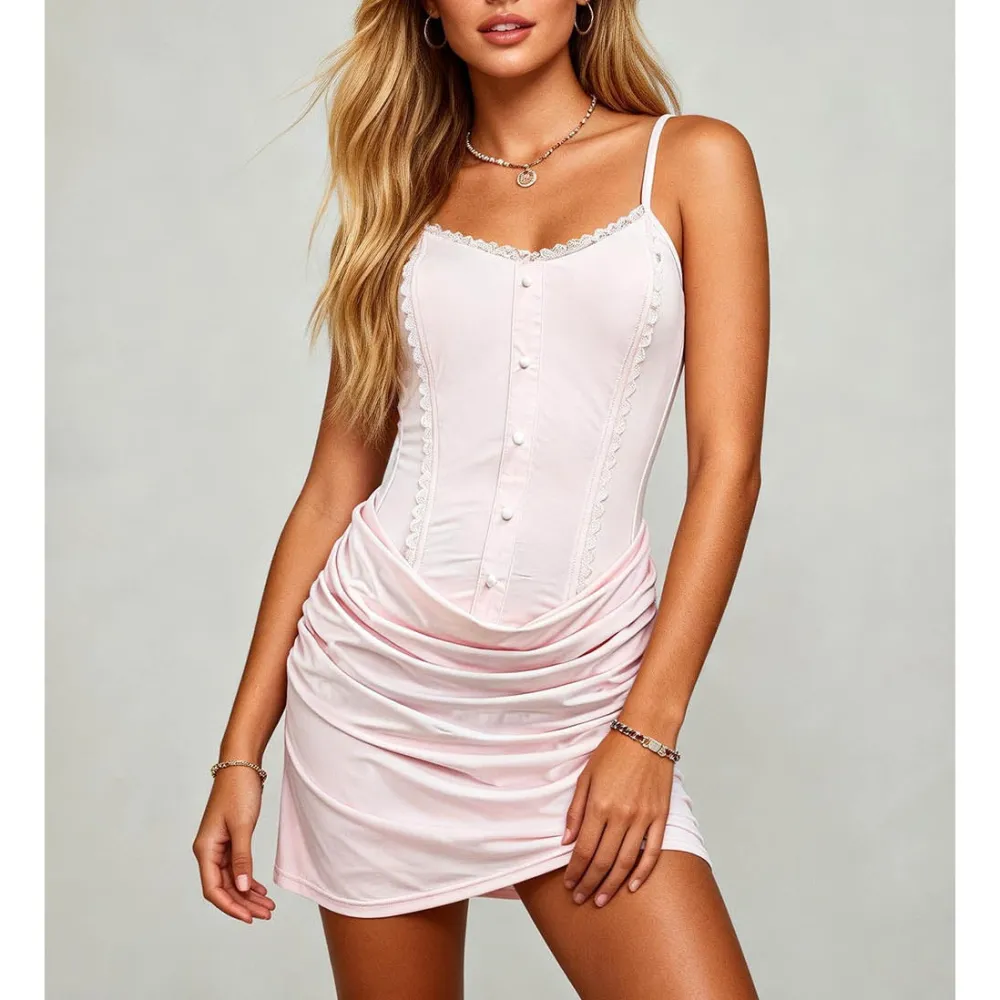 Spaghetti Strap Lace Trim Bodice Ruched Hem Mini Dress